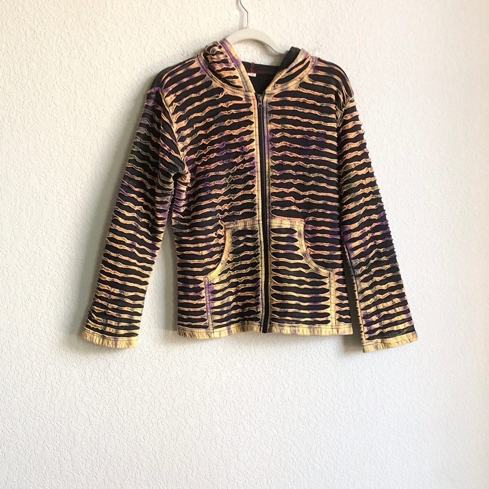 Womens Razor Cut Slashed Tie Dye Zip Hoodie Stone Washed Hippie Boho